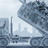 ダンプトラックの内部構造と荷台に満載された廃棄物が透けて見えるX線透過風のメカニカルな図解