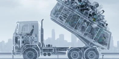 ダンプトラックの内部構造と荷台に満載された廃棄物が透けて見えるX線透過風のメカニカルな図解