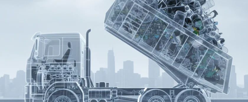 ダンプトラックの内部構造と荷台に満載された廃棄物が透けて見えるX線透過風のメカニカルな図解