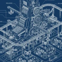 廃棄物処理工場の複雑なシステムとラインを緻密に描いた青図(ブループリント)風の設計図