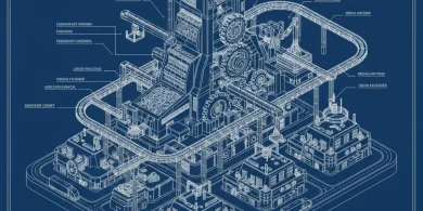 廃棄物処理工場の複雑なシステムとラインを緻密に描いた青図（ブループリント）風の設計図