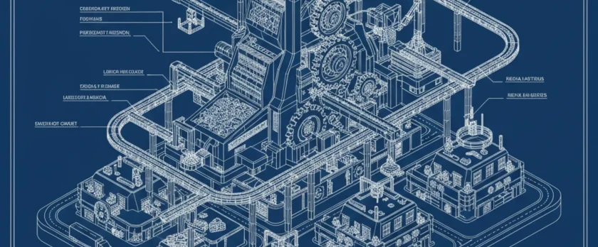 廃棄物処理工場の複雑なシステムとラインを緻密に描いた青図（ブループリント）風の設計図