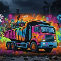 INDUSTRIAL RECYCLEと書かれた、ネオンカラーのグラフィティが描かれたストリートアート風のトラック