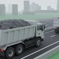 高速道路を走行する2台の白い大型ダンプトラック(ローポリゴン風イラスト)