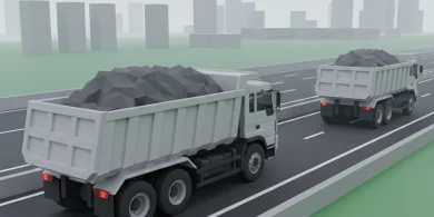 高速道路を走行する2台の白い大型ダンプトラック（ローポリゴン風イラスト）