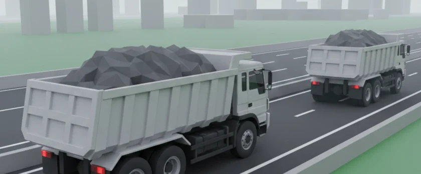 高速道路を走行する2台の白い大型ダンプトラック（ローポリゴン風イラスト）