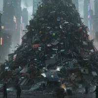 降りしきる雨の中、近未来的な都市にそびえ立つ巨大な廃棄物の山と人々のシルエット