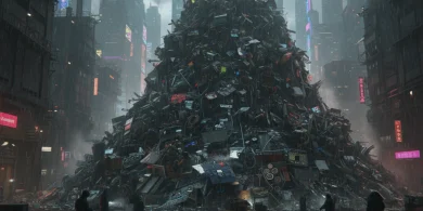 降りしきる雨の中、近未来的な都市にそびえ立つ巨大な廃棄物の山と人々のシルエット