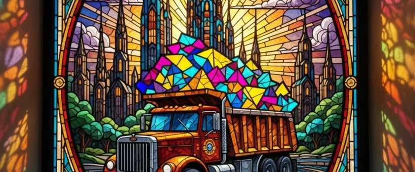 カラフルな宝石のような廃棄物を運ぶトラックを描いた幻想的なステンドグラス風アート