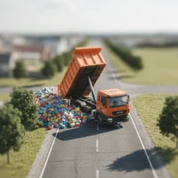 おもちゃの街のような風景の中、道路脇で荷台を上げ廃棄物を下ろすオレンジ色のダンプトラック(チルトシフト風)