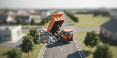 おもちゃの街のような風景の中、道路脇で荷台を上げ廃棄物を下ろすオレンジ色のダンプトラック（チルトシフト風）