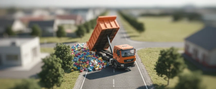 おもちゃの街のような風景の中、道路脇で荷台を上げ廃棄物を下ろすオレンジ色のダンプトラック(チルトシフト風)