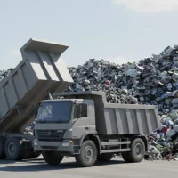 広大な集積場で荷台を傾けるグレーの大型ダンプトラックの実写に近い3Dグラフィック