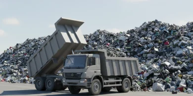 広大な集積場で荷台を傾けるグレーの大型ダンプトラックの実写に近い3Dグラフィック