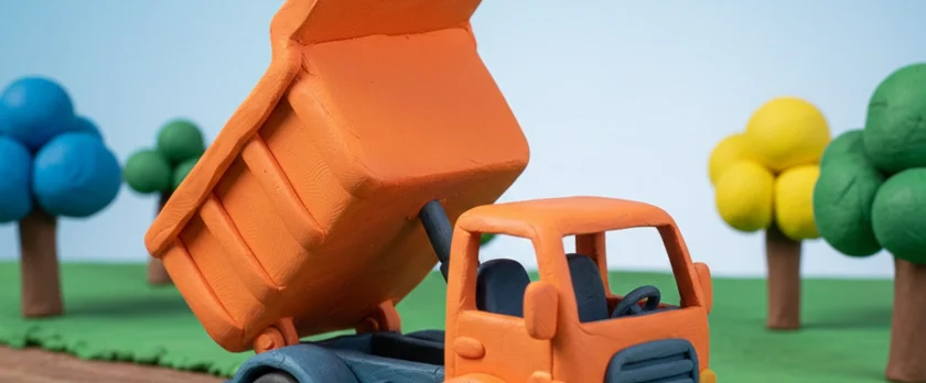 粘土細工で作られたオレンジ色のダンプトラックとカラフルな積み荷（クレイアニメ風）
