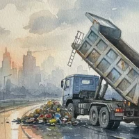夕暮れの都市を背景に、路肩で荷台を上げている青いダンプトラックの水彩画風イラスト
