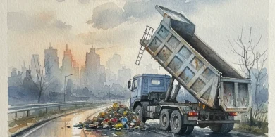 夕暮れの都市を背景に、路肩で荷台を上げている青いダンプトラックの水彩画風イラスト