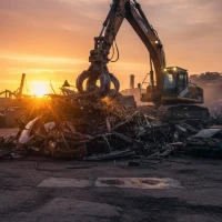 夕日を背景に、スクラップの山から金属を掴み上げる重機(ショベルカー)のドラマチックな逆光写真