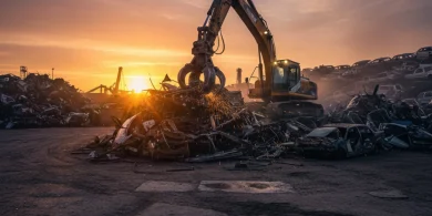 夕日を背景に、スクラップの山から金属を掴み上げる重機（ショベルカー）のドラマチックな逆光写真