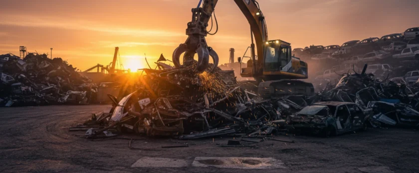 夕日を背景に、スクラップの山から金属を掴み上げる重機(ショベルカー)のドラマチックな逆光写真